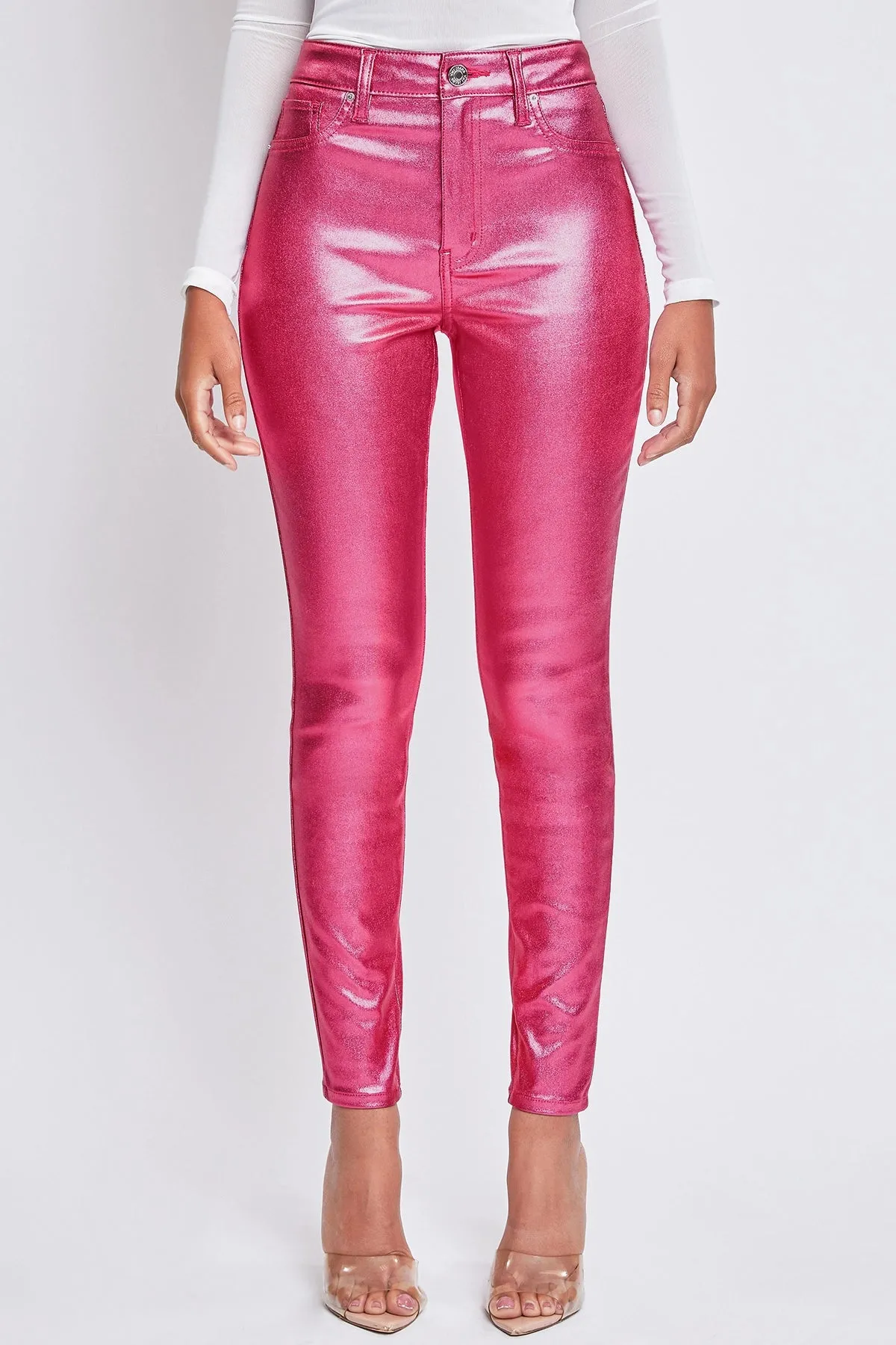 Pink High Rise Skinny Leg Metallic Pants