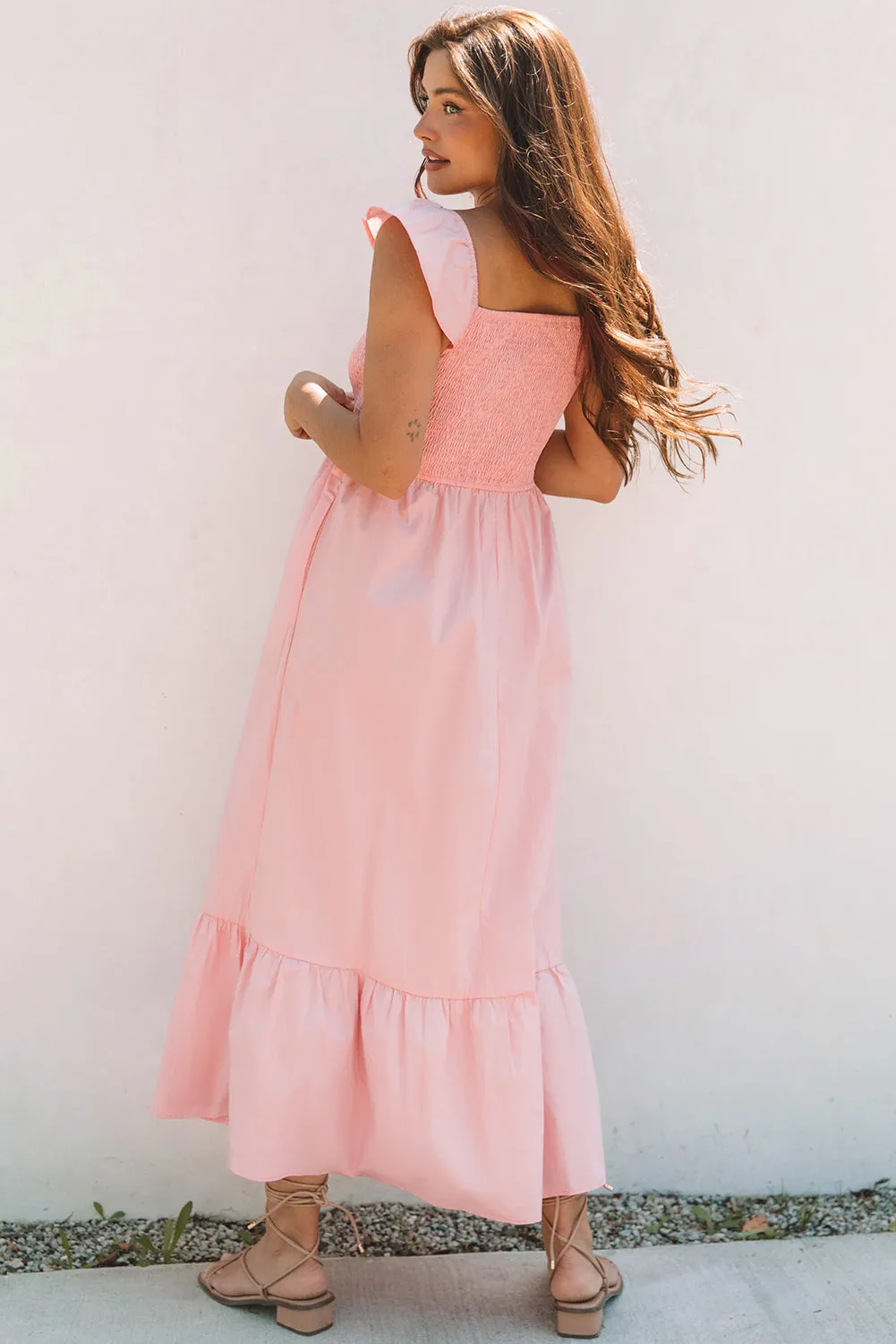 Pink V Neck Flutter Sleeve Smocked Bodice Maxi Dress