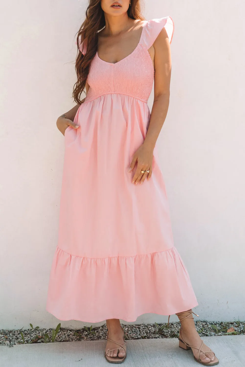Pink V Neck Flutter Sleeve Smocked Bodice Maxi Dress