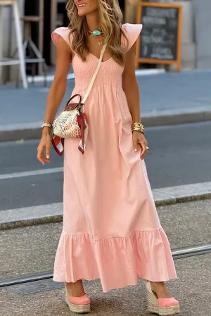 Pink V Neck Flutter Sleeve Smocked Bodice Maxi Dress