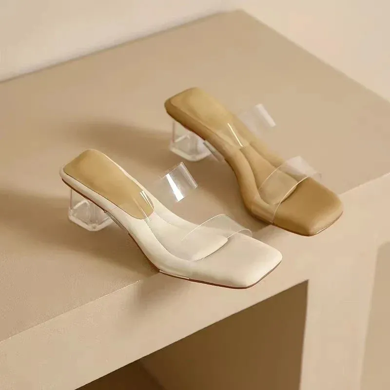 Platform Sandals for Women Fashion Transparent Pvc High Heel Clear Square Heels Slippers