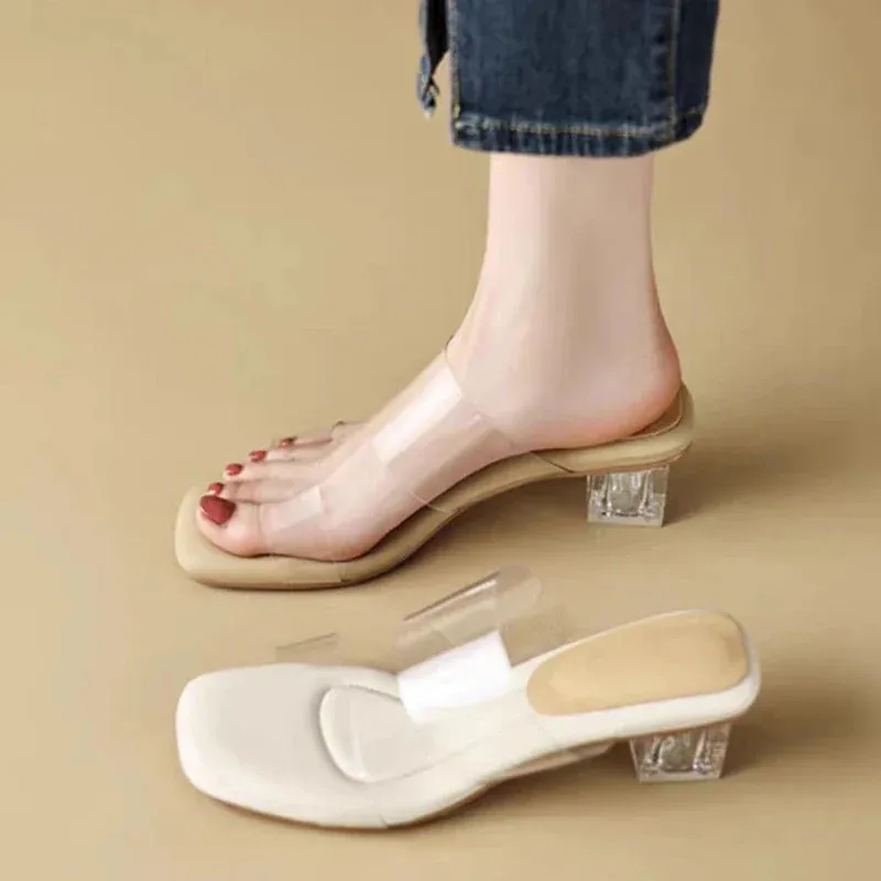 Platform Sandals for Women Fashion Transparent Pvc High Heel Clear Square Heels Slippers