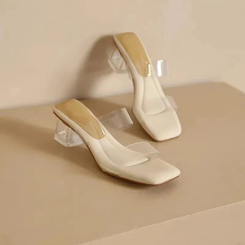 Platform Sandals for Women Fashion Transparent Pvc High Heel Clear Square Heels Slippers