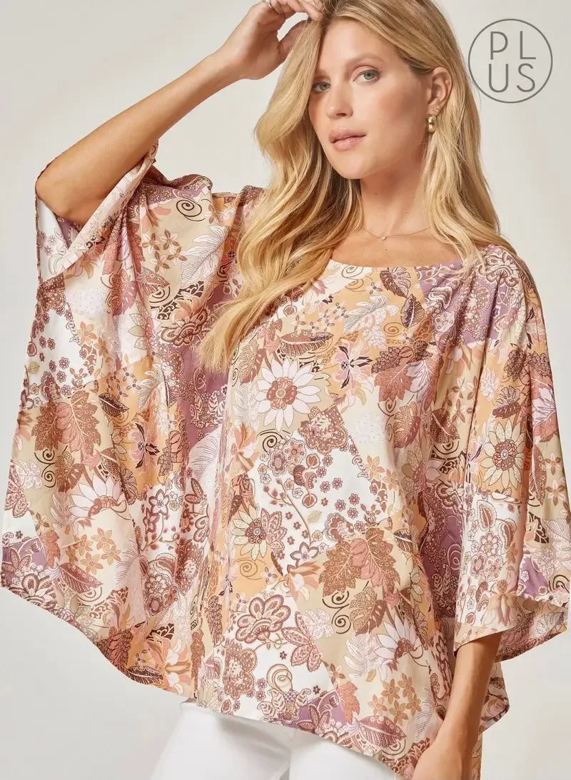 Plus Poncho Floral Woven Blouse Top