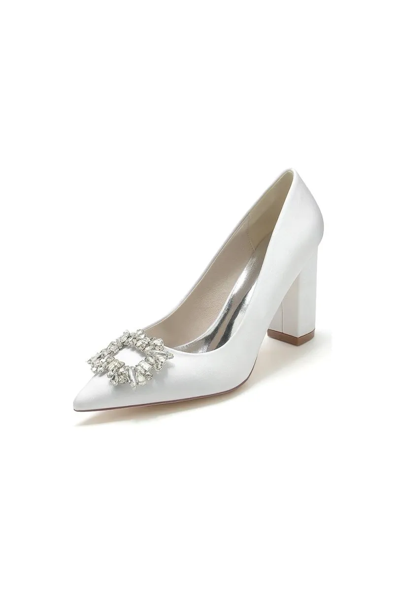 Pointed Toe Block Heels with Rhinestone