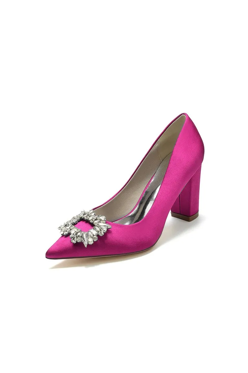 Pointed Toe Block Heels with Rhinestone