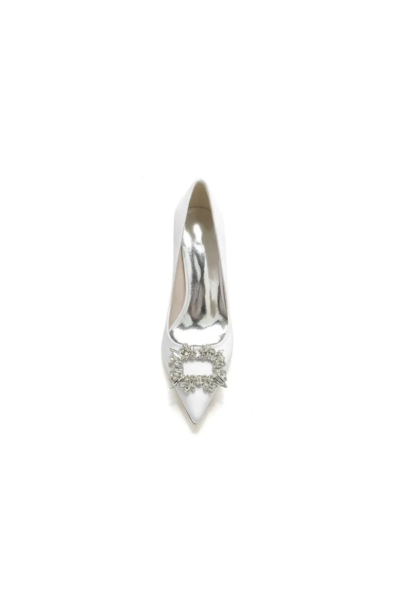 Pointed Toe Block Heels with Rhinestone