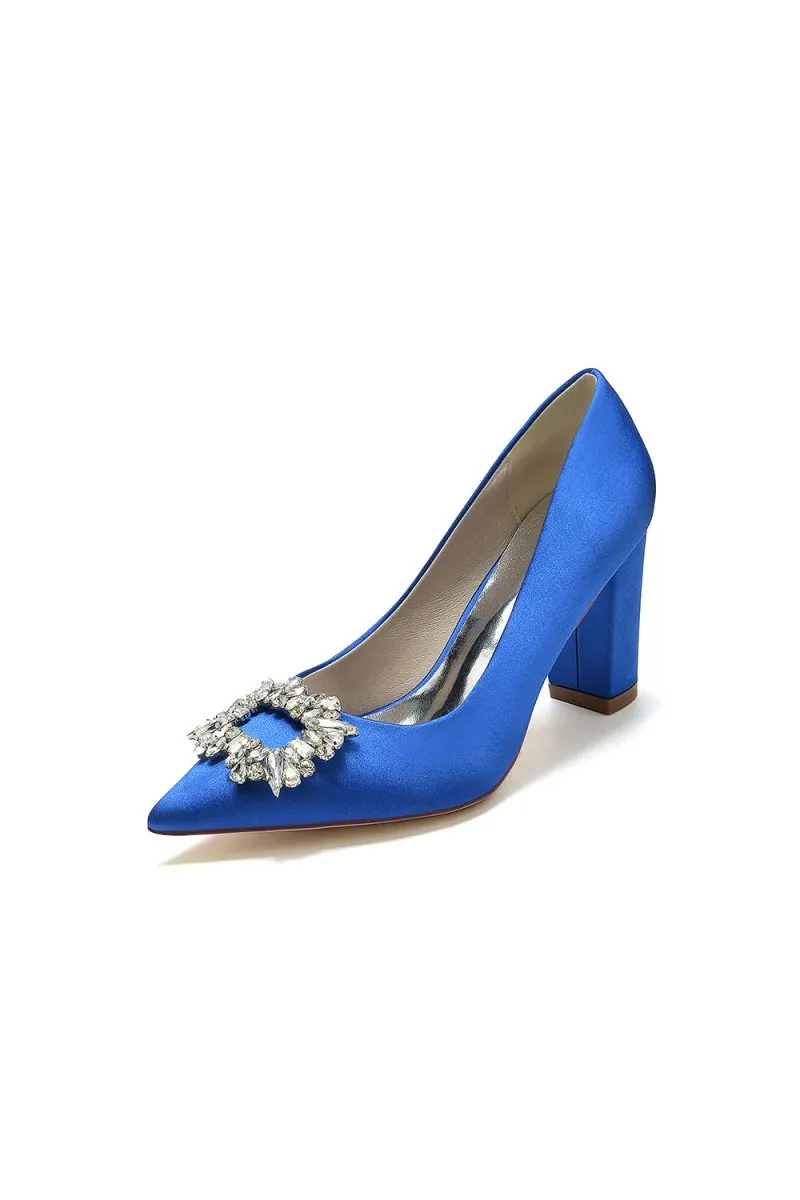Pointed Toe Block Heels with Rhinestone