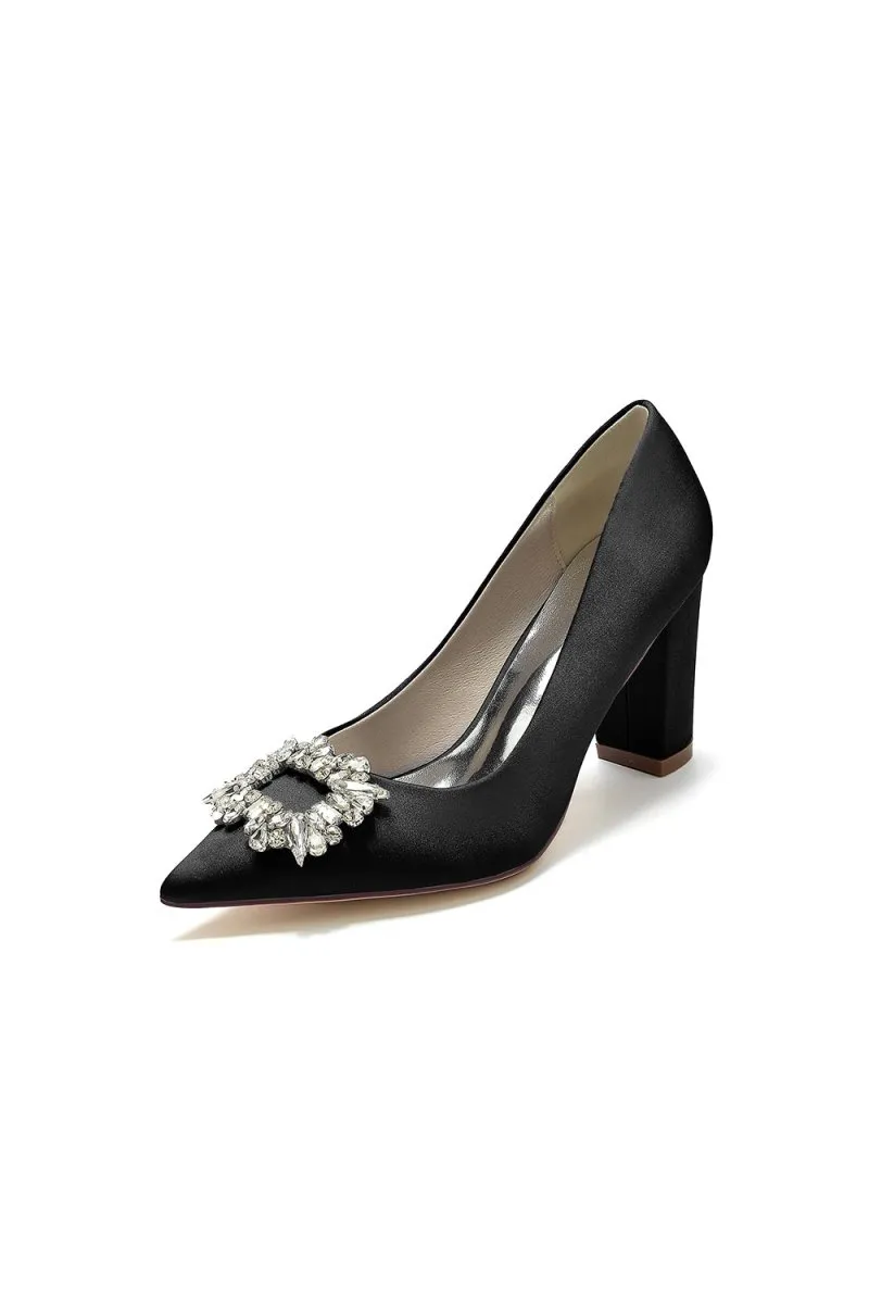 Pointed Toe Block Heels with Rhinestone