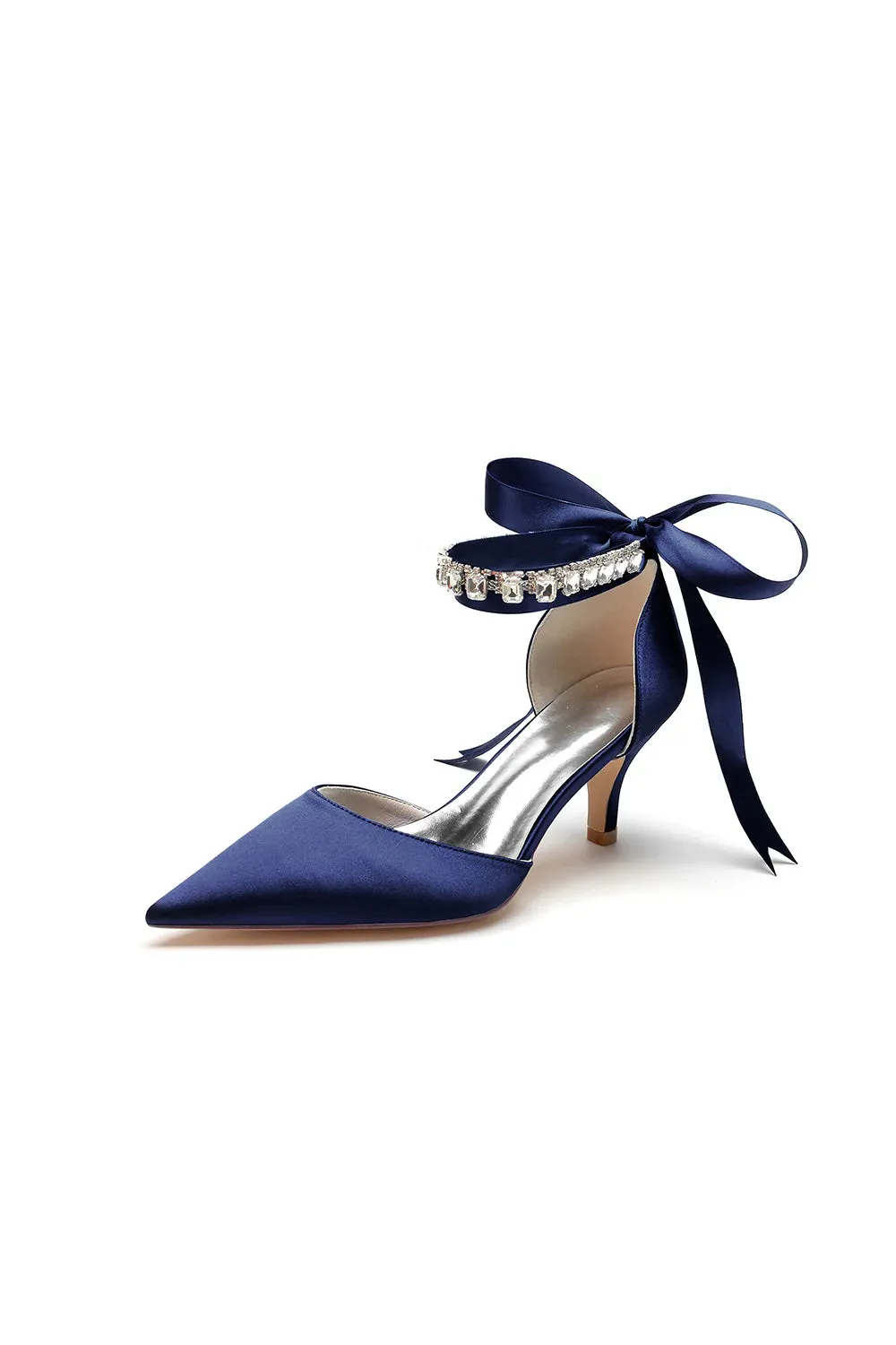 Pointed Toe Ribbons Kitten Heels With Diamond