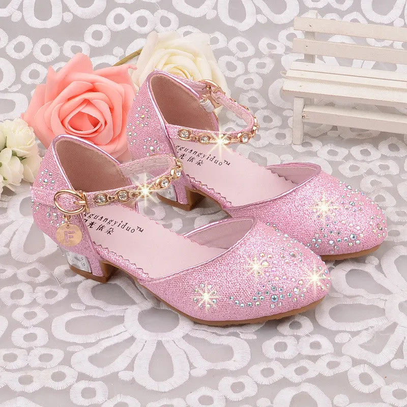 princess shoes Summer breathable sandals Rhinestone mid heel single shoes kids leather sandal Children shoe