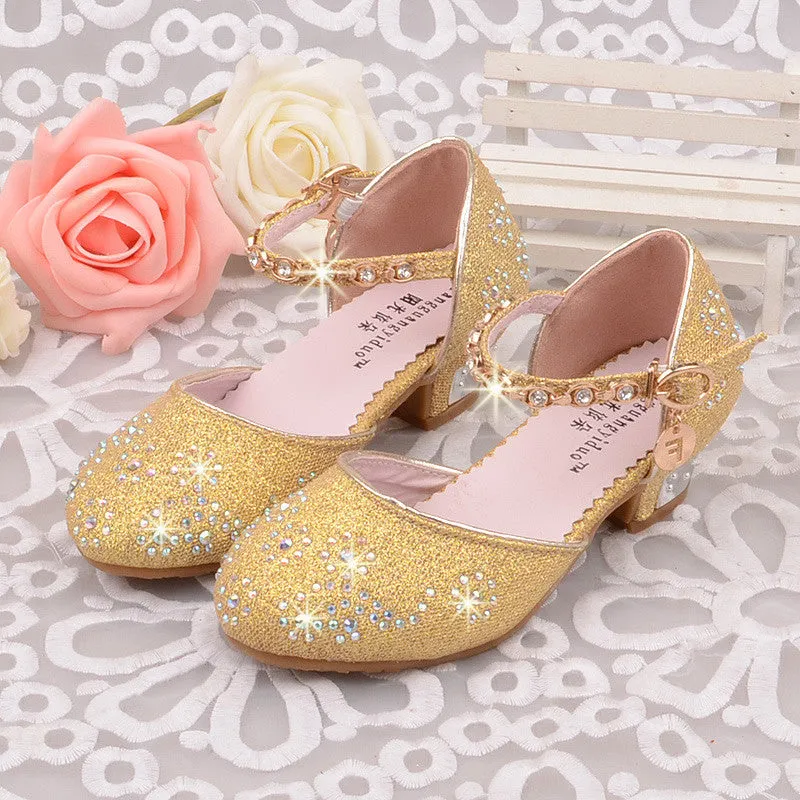 princess shoes Summer breathable sandals Rhinestone mid heel single shoes kids leather sandal Children shoe