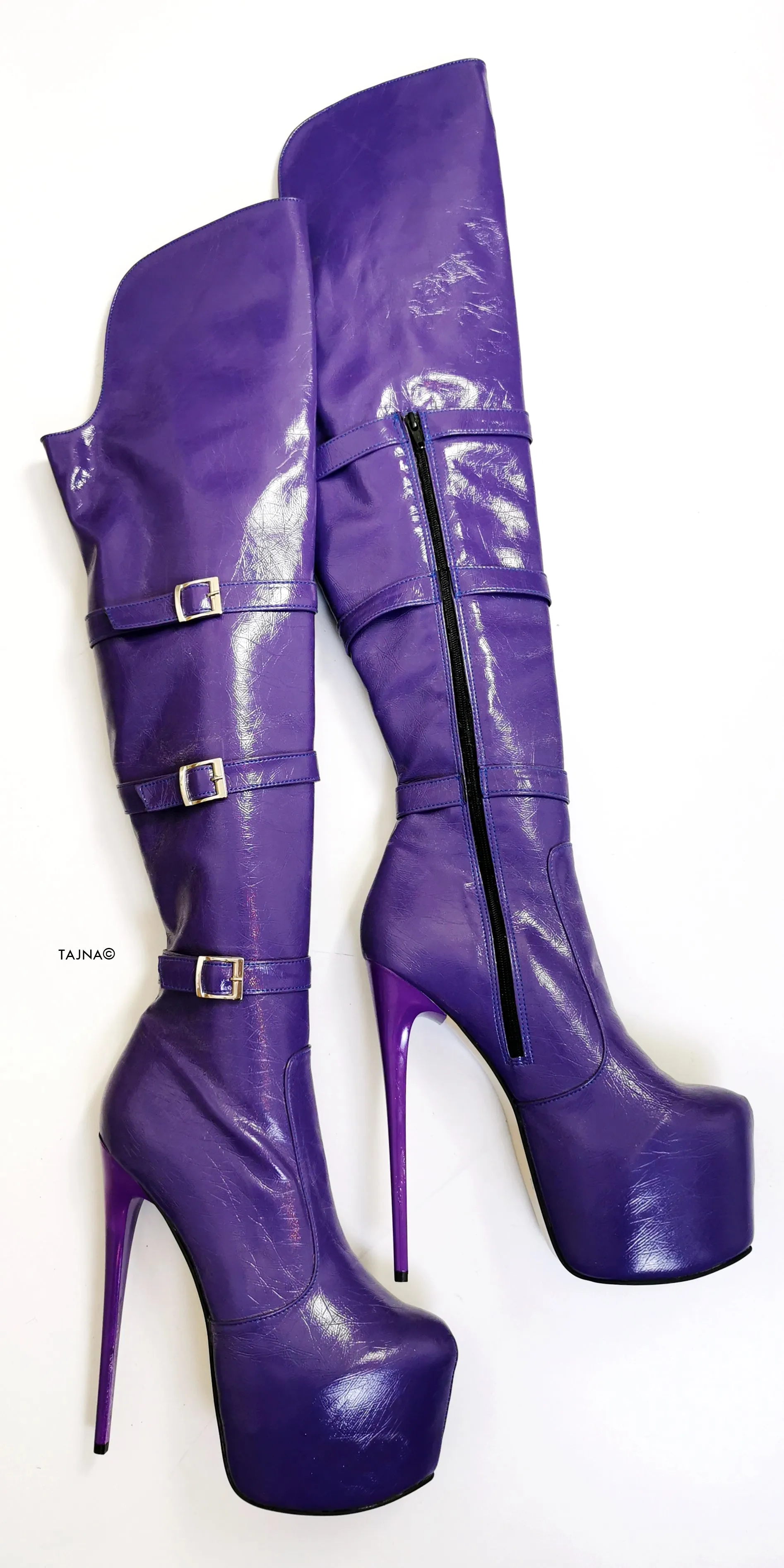 Purple Patent Belted Knee High Boots
