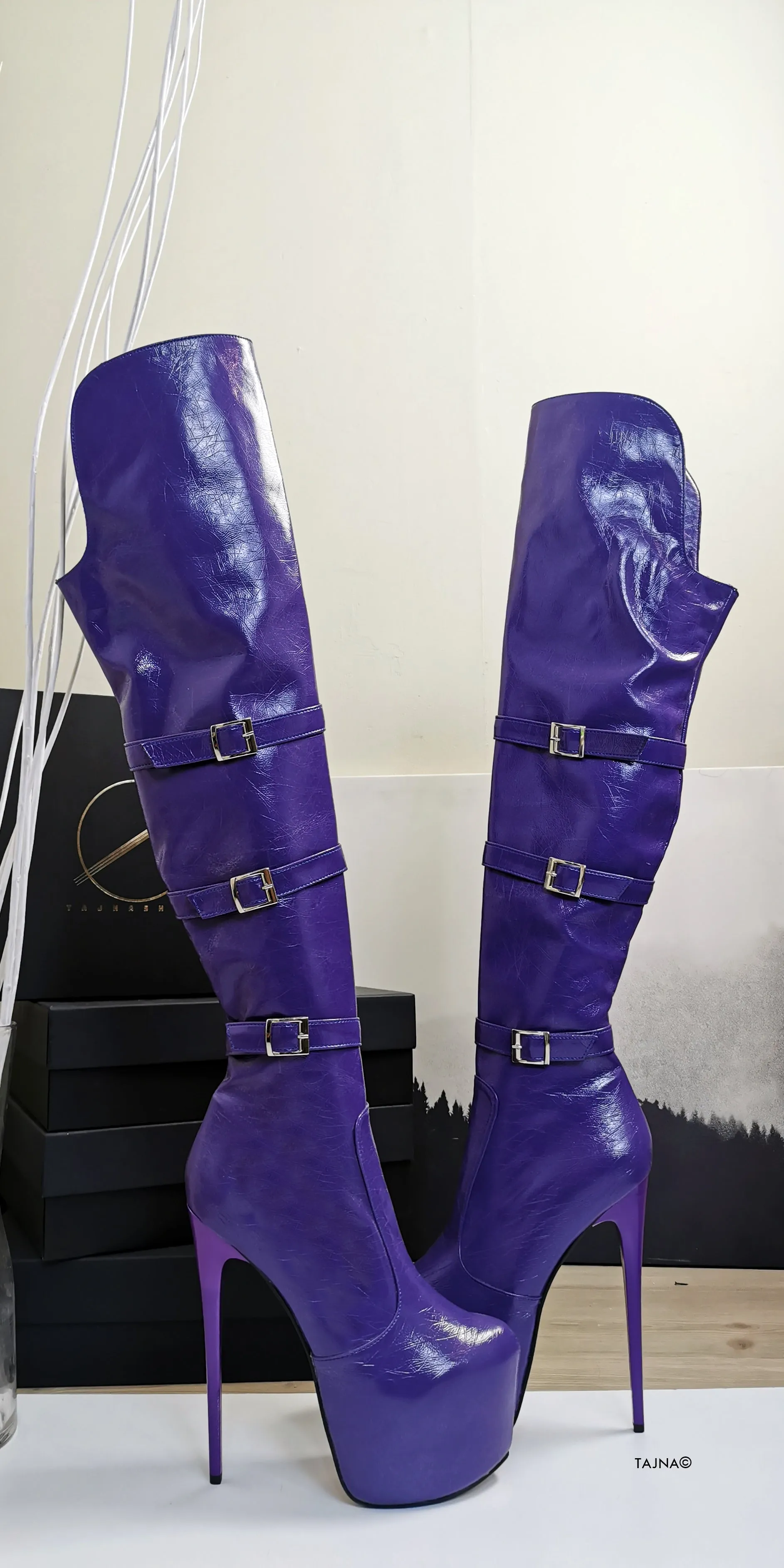 Purple Patent Belted Knee High Boots