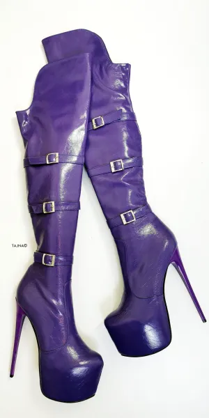 Purple Patent Belted Knee High Boots