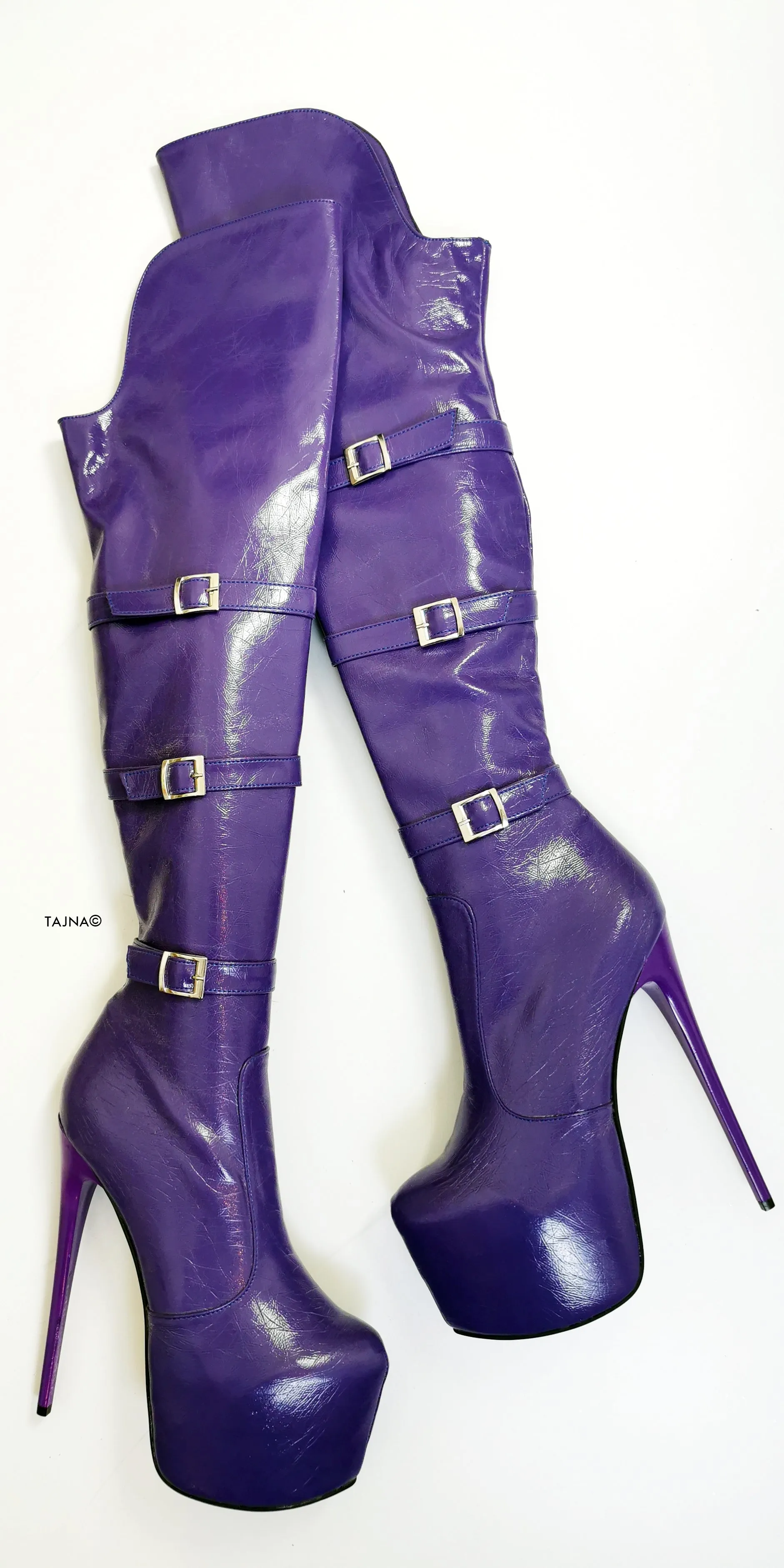 Purple Patent Belted Knee High Boots