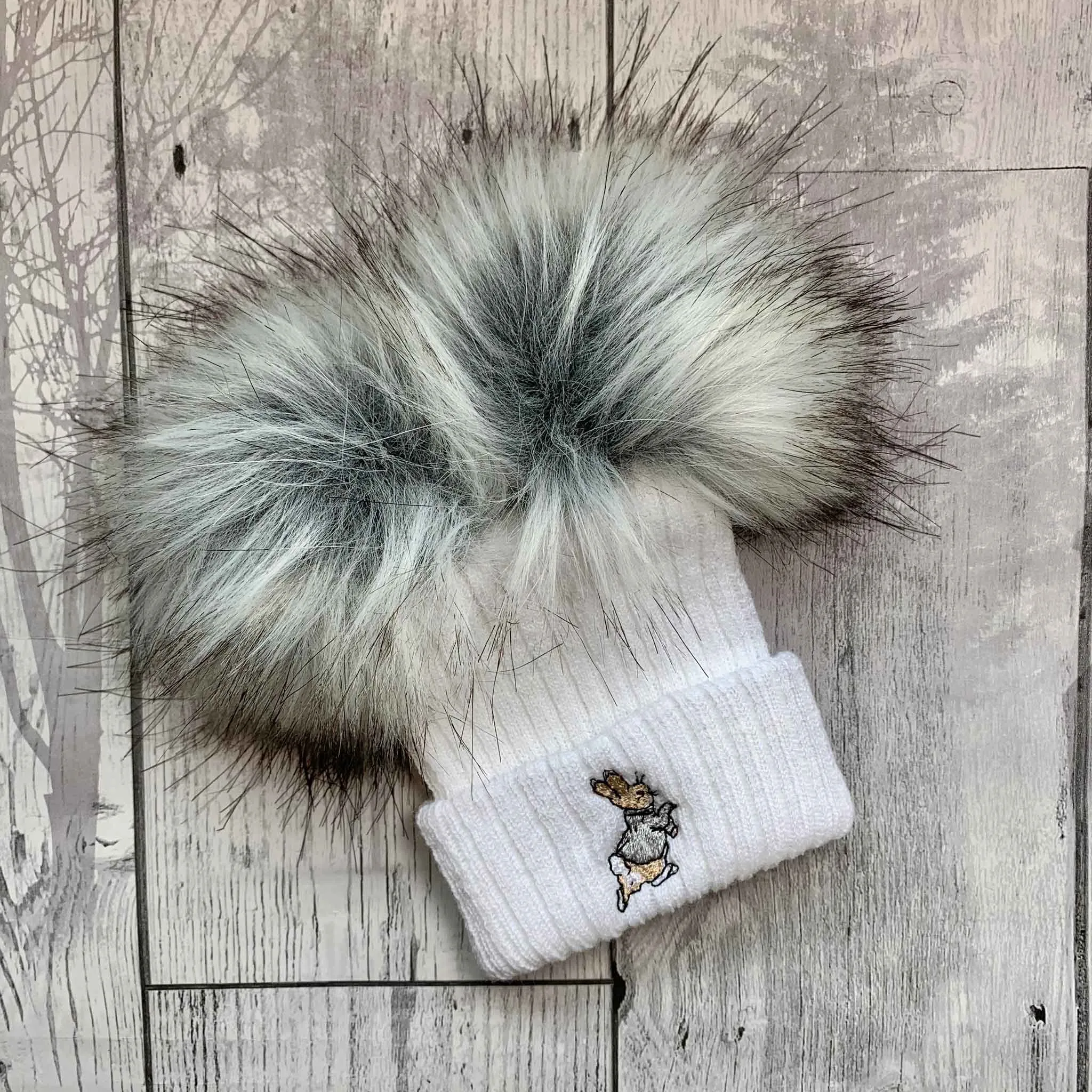 Rabbit White Faux Fur 2 Pom Pom Hat