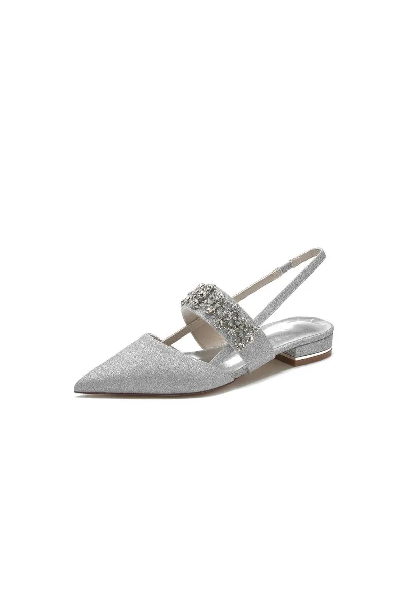 Rhinestone Pointed Toe Strap Buckle Glitter Low Heels