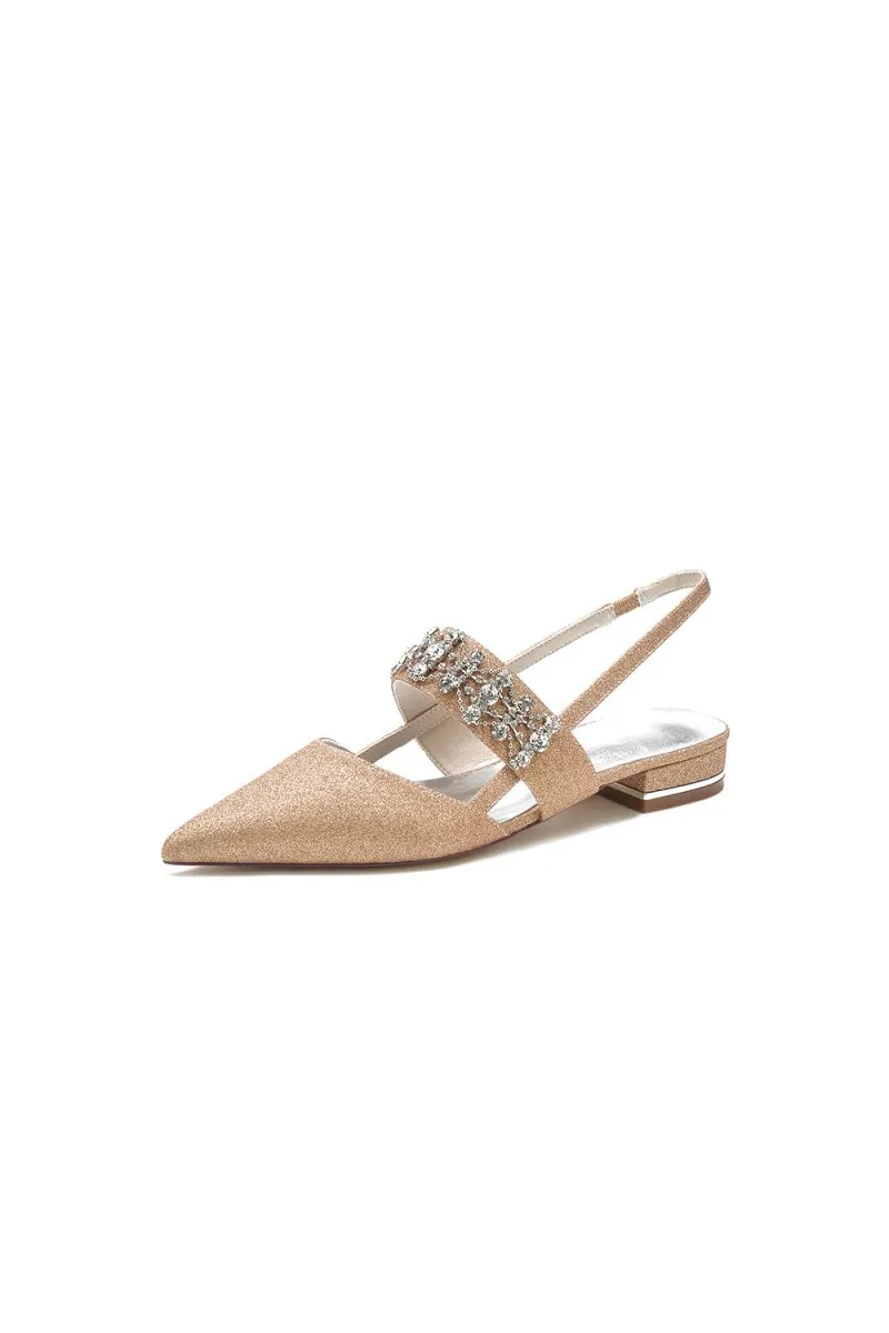 Rhinestone Pointed Toe Strap Buckle Glitter Low Heels