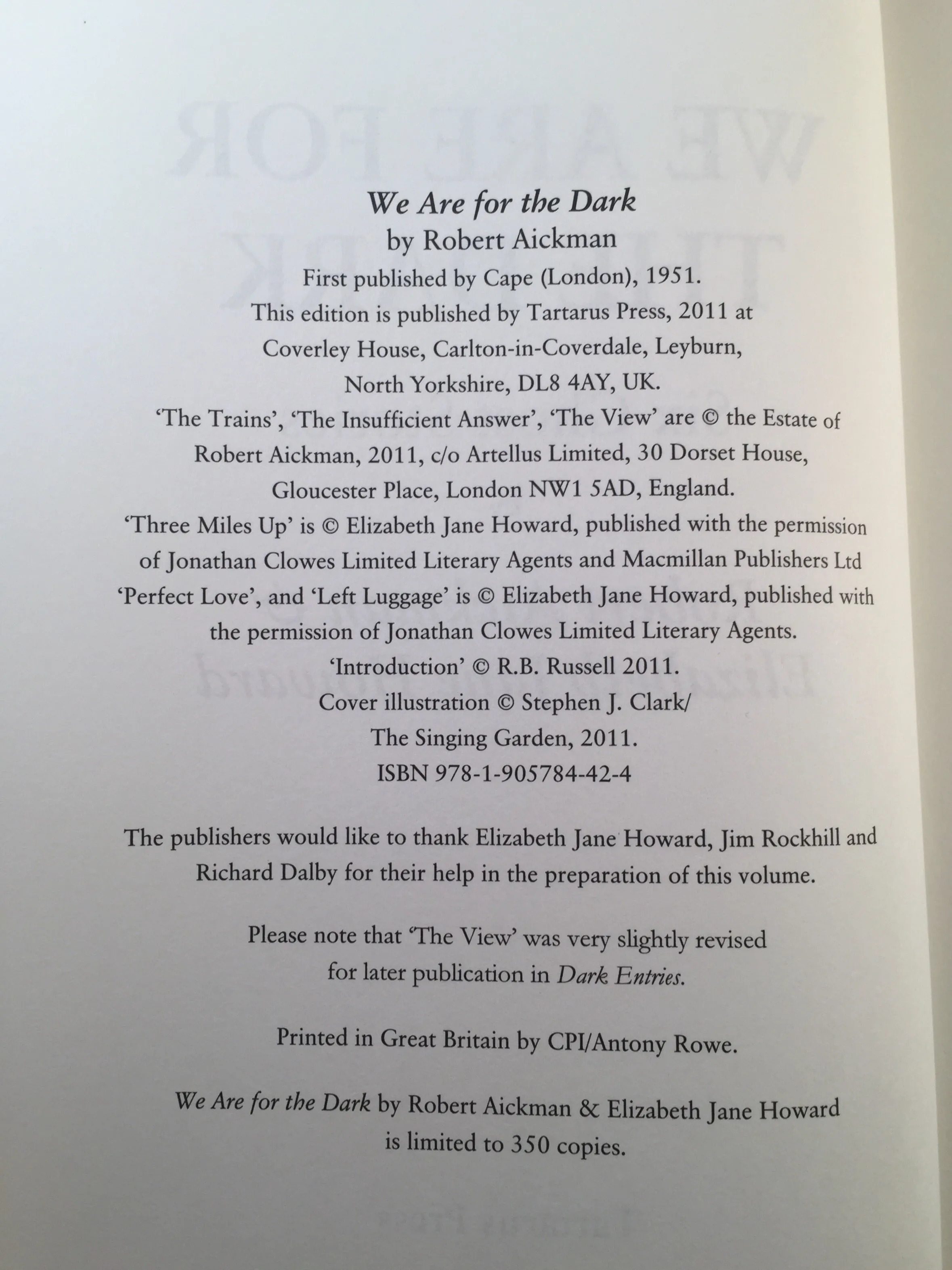 Robert Aickman & Elizabeth Jane Howard - We Are For The Dark, Tartarus Press 2011, 1st Printing