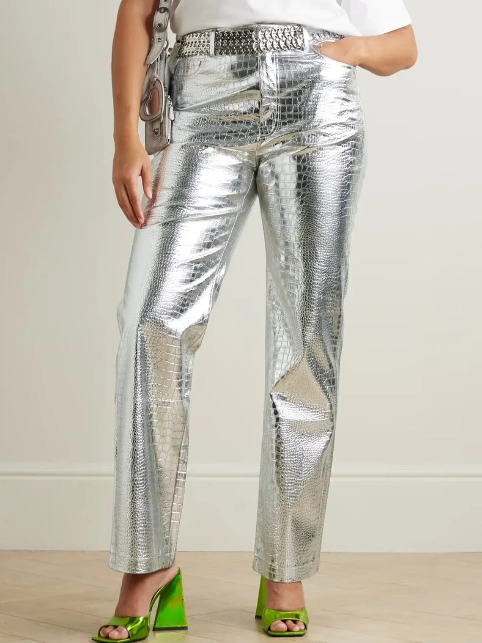 Rotie metallic croc-effect coated faux leather wide-leg pants