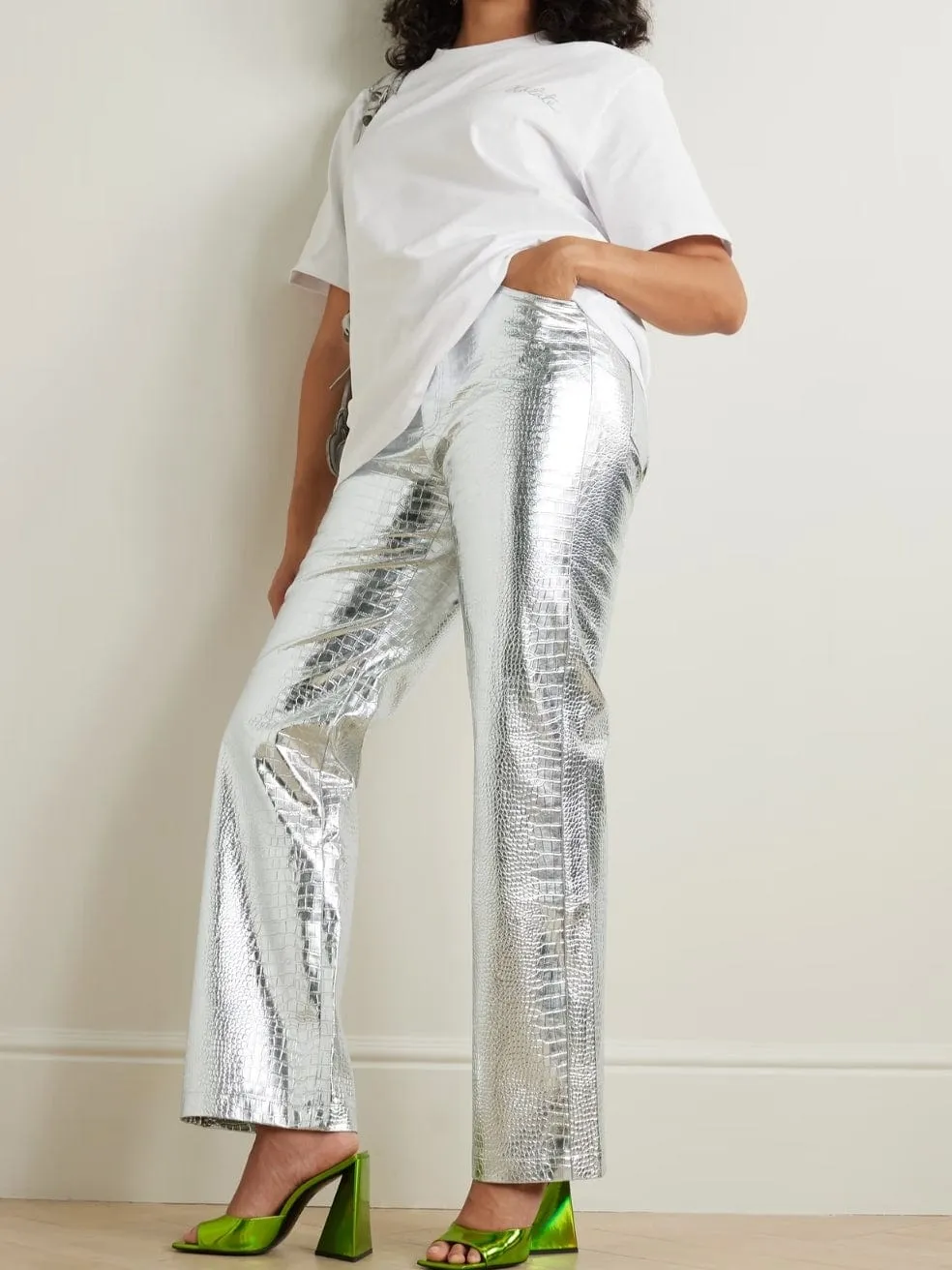 Rotie metallic croc-effect coated faux leather wide-leg pants