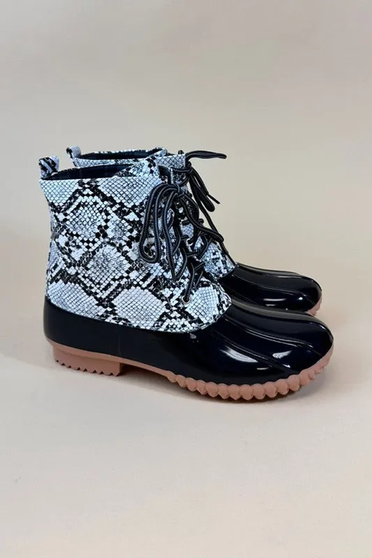 Seraphina Snake Print Winter Duck Boots – Waterproof & Stylish Footwear