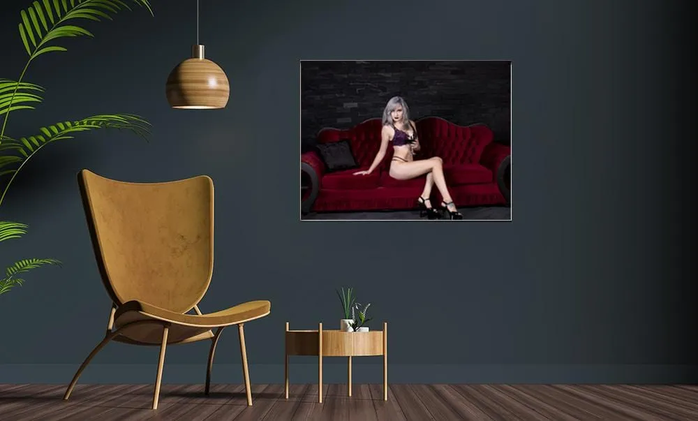 silver hair young woman in lingerie lying on red couch poster