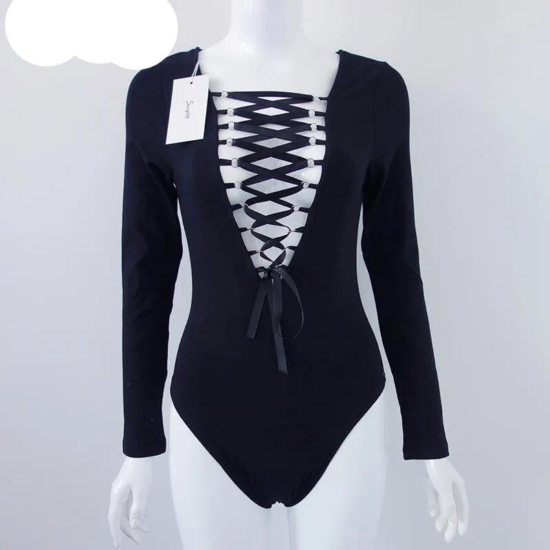 Simplee Apparel Sexy deep v neck lace up black jumpsuit romper Women elastic slim long sleeve tops Casual cami short bodysuit