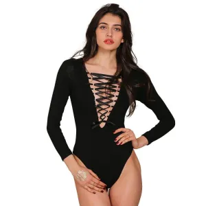 Simplee Apparel Sexy deep v neck lace up black jumpsuit romper Women elastic slim long sleeve tops Casual cami short bodysuit