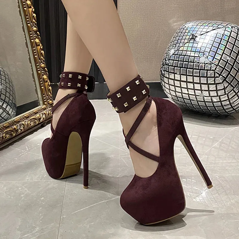 Solid Black Round Toe Metal Rivet Ankle Strap High Heels for Women