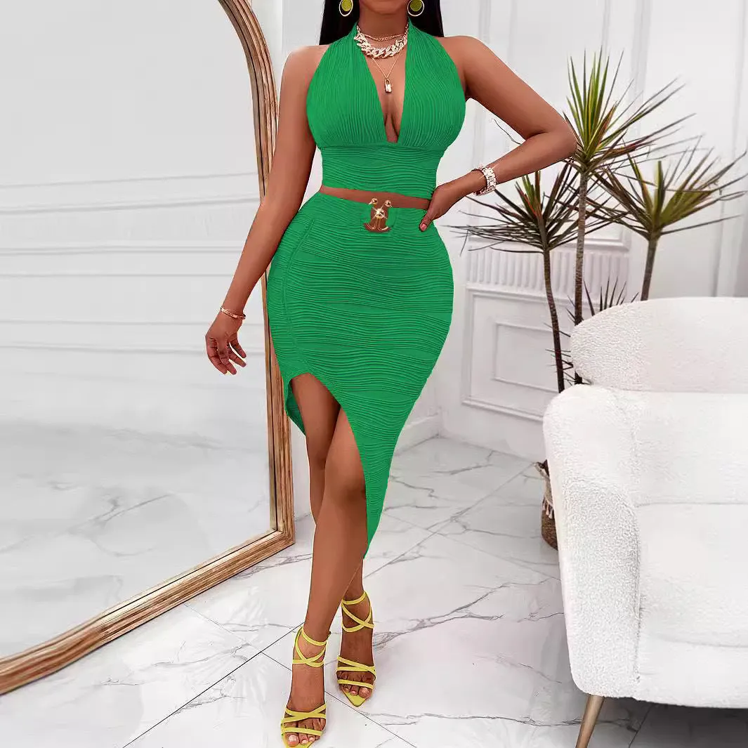 Sophisticated Halter Neck Vest and Irregular Bodycon Skirt Two-Piece Set for Bold Elegance