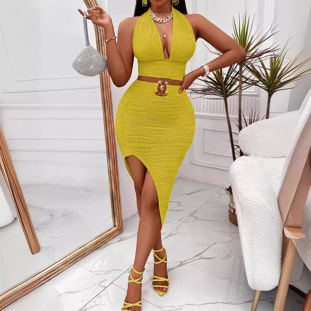 Sophisticated Halter Neck Vest and Irregular Bodycon Skirt Two-Piece Set for Bold Elegance