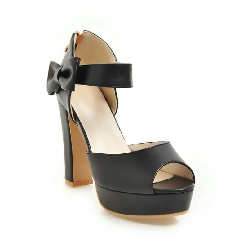 Square  Block Heel Leather High Heel Peep Toe Platform Summer Sandals