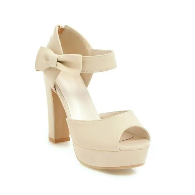 Square  Block Heel Leather High Heel Peep Toe Platform Summer Sandals