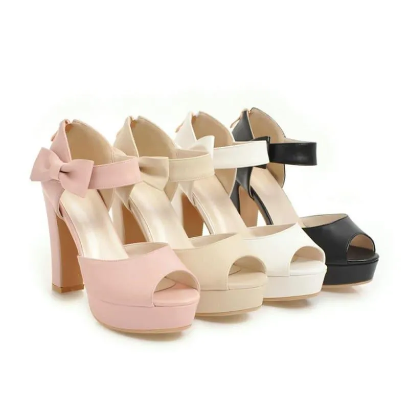 Square  Block Heel Leather High Heel Peep Toe Platform Summer Sandals