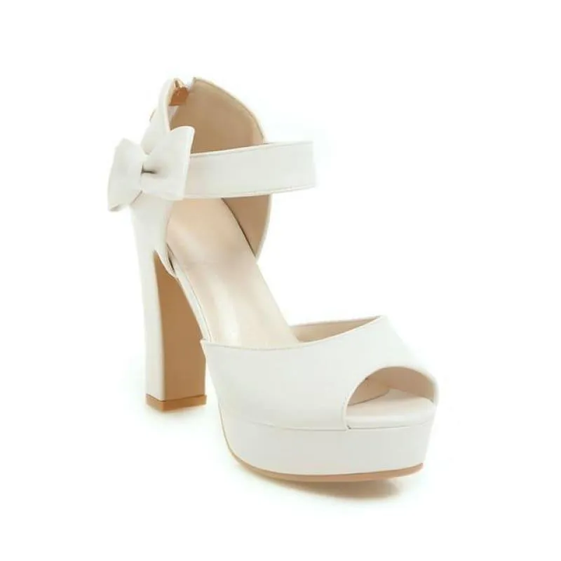 Square  Block Heel Leather High Heel Peep Toe Platform Summer Sandals