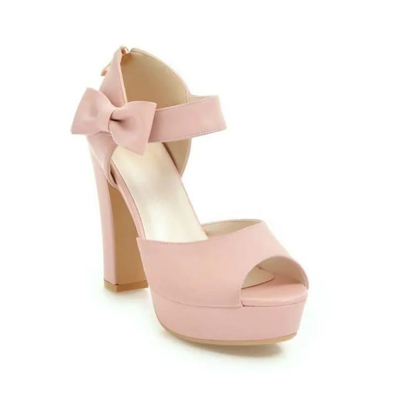Square  Block Heel Leather High Heel Peep Toe Platform Summer Sandals