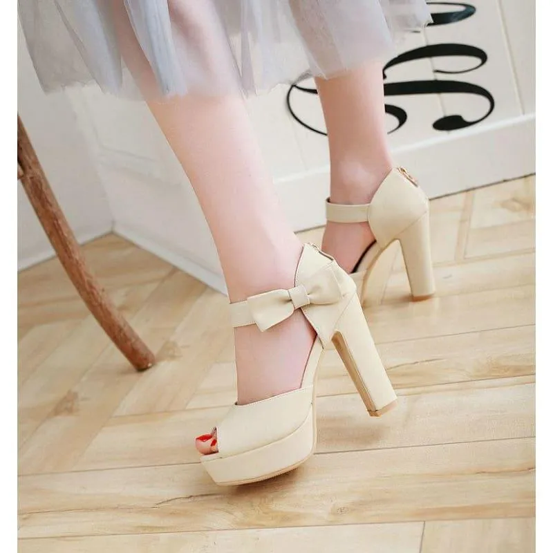 Square  Block Heel Leather High Heel Peep Toe Platform Summer Sandals