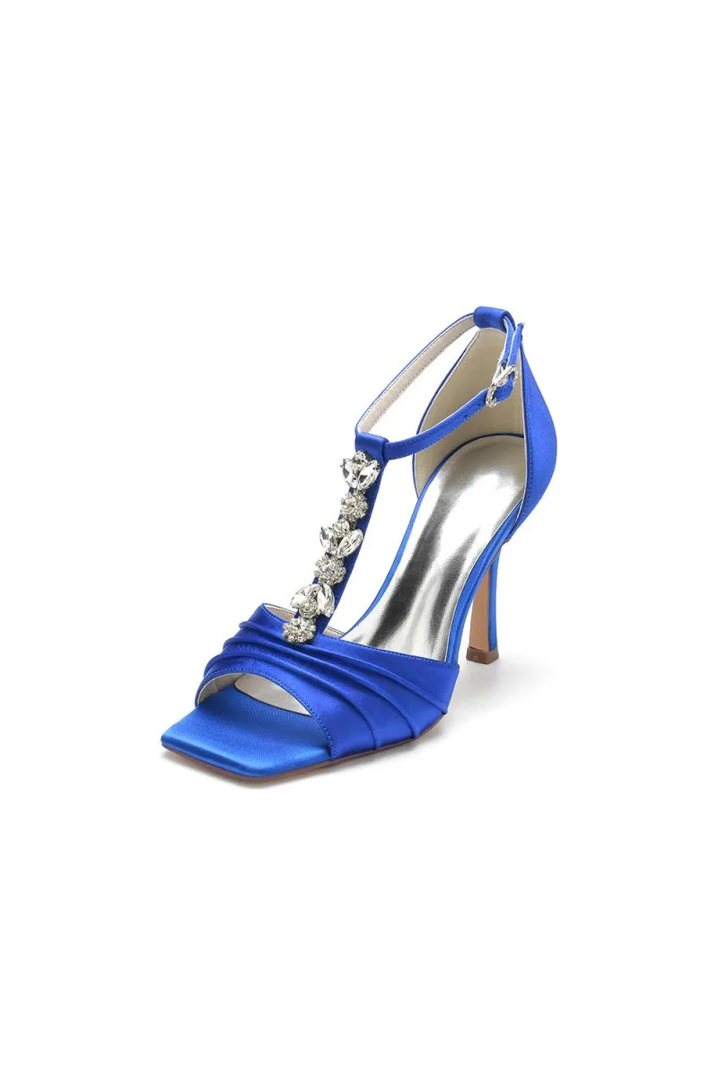 Square Open Toe Ankle Strap Satin Stiletto Heels With Rhinestone Strappy