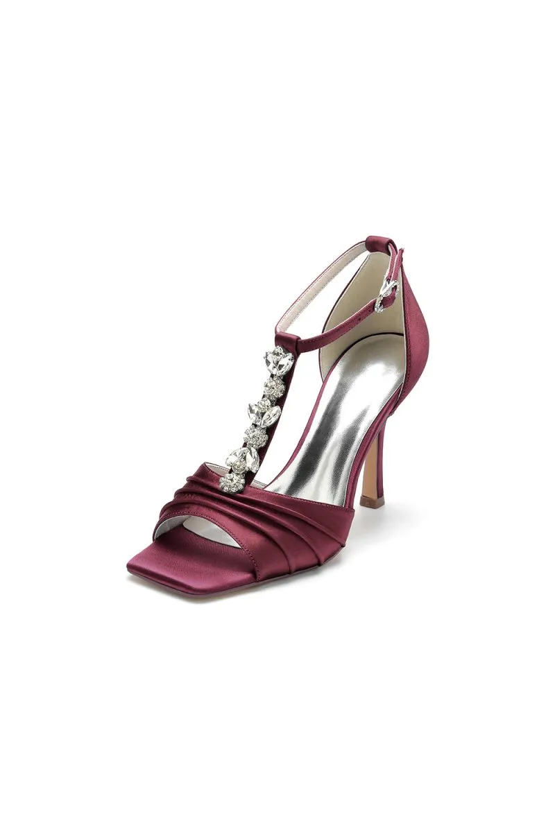 Square Open Toe Ankle Strap Satin Stiletto Heels With Rhinestone Strappy
