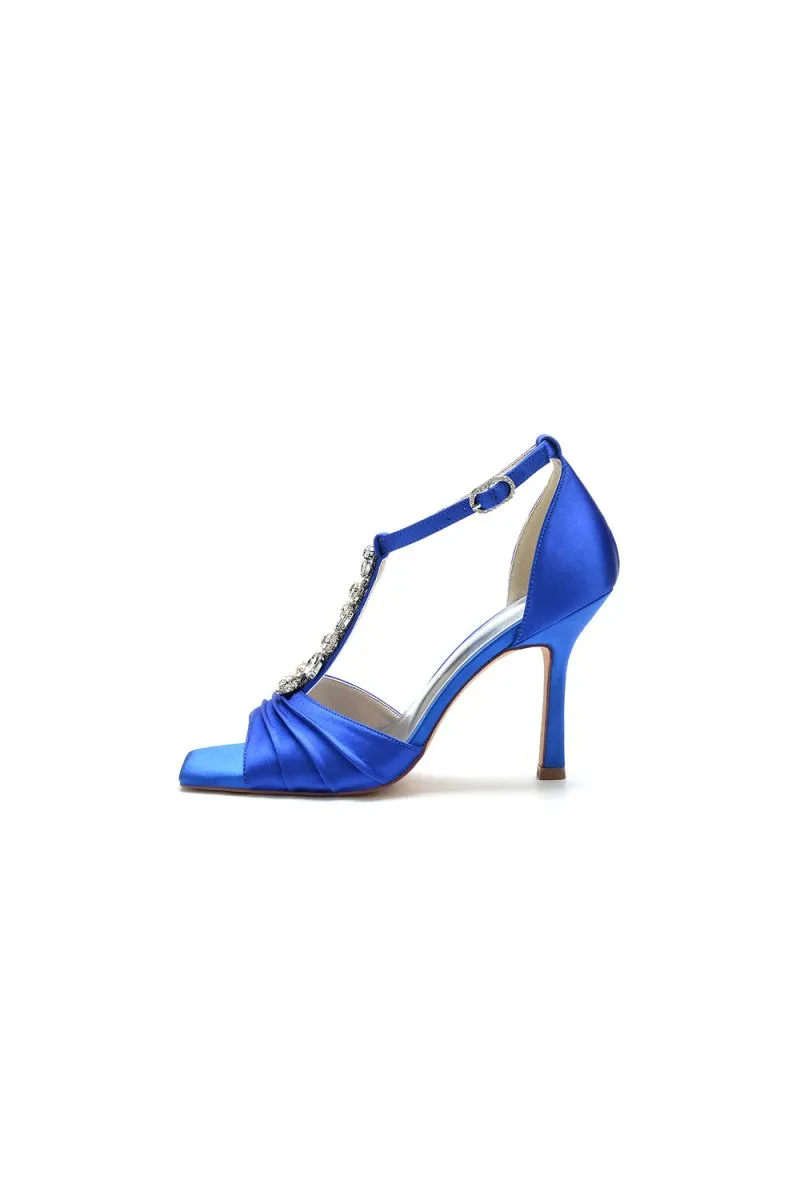Square Open Toe Ankle Strap Satin Stiletto Heels With Rhinestone Strappy