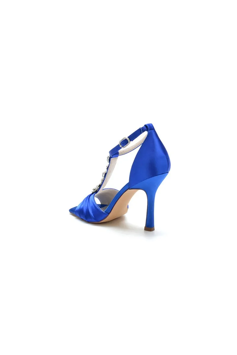 Square Open Toe Ankle Strap Satin Stiletto Heels With Rhinestone Strappy