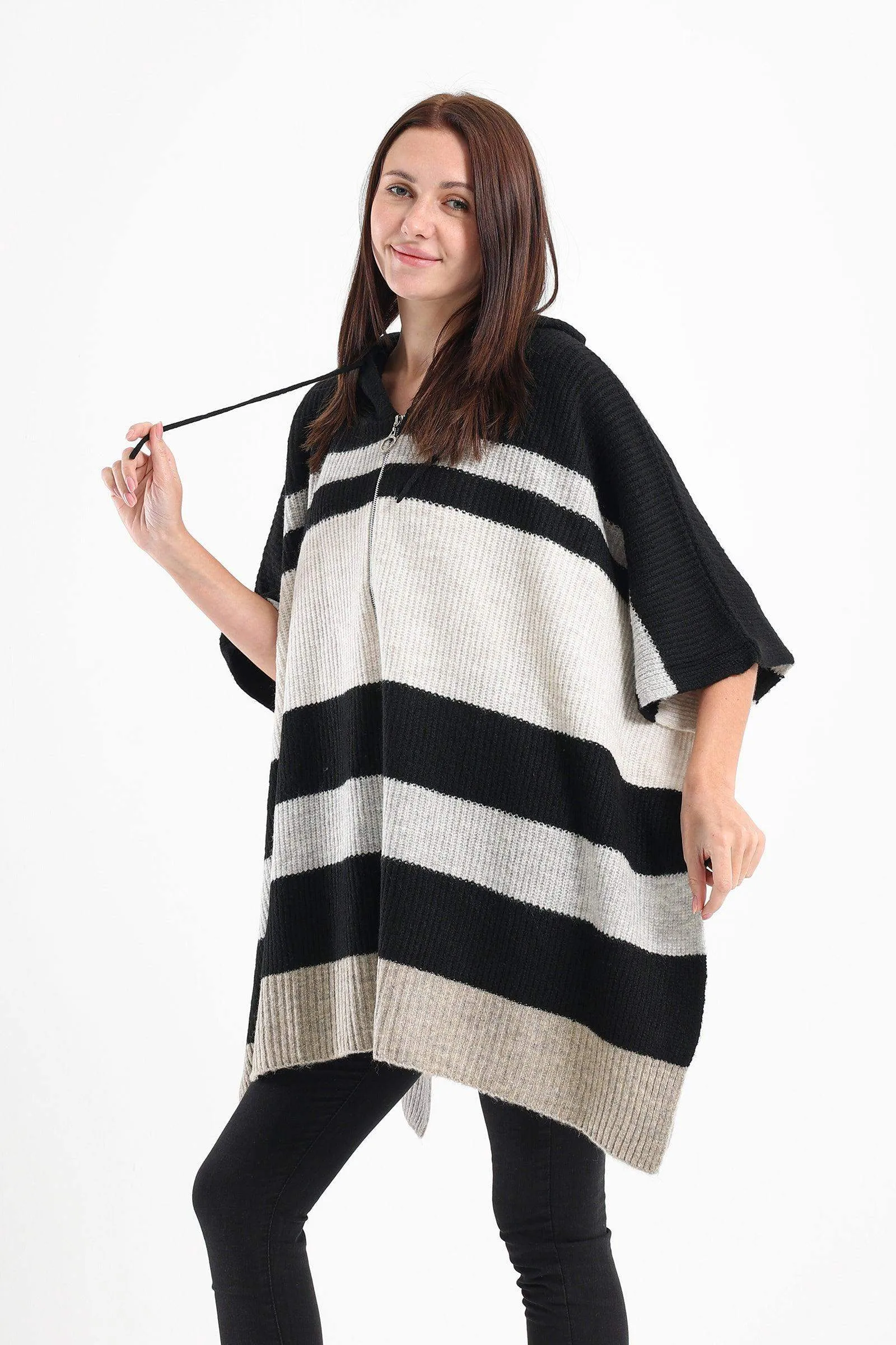 Striped Poncho with Front Zipper