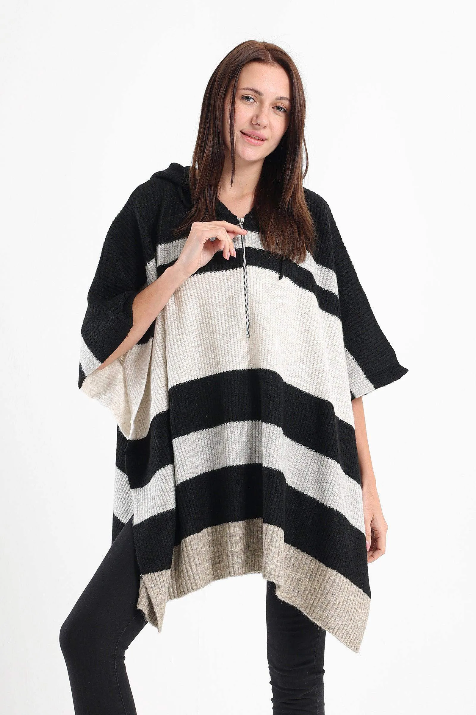 Striped Poncho with Front Zipper