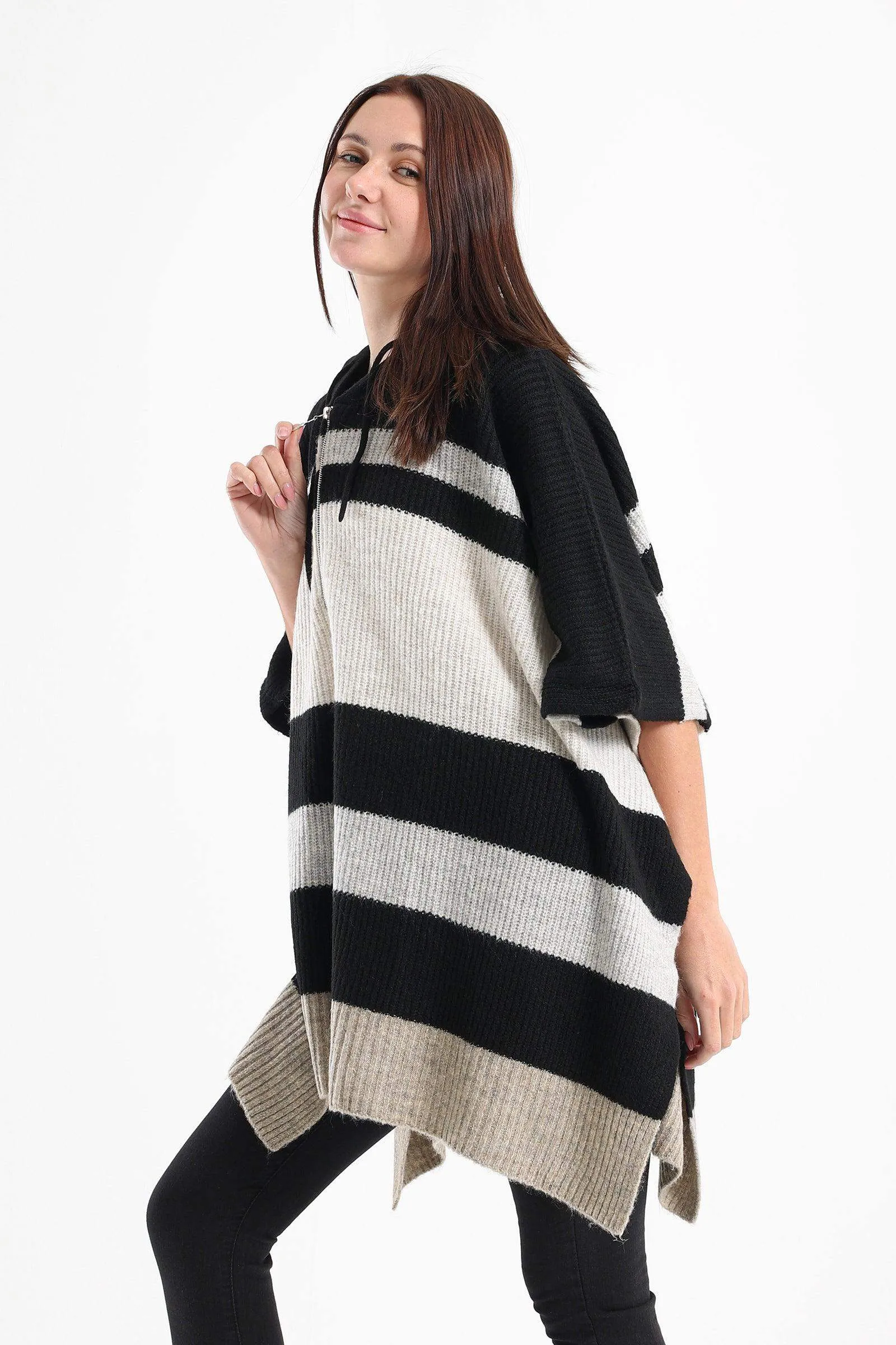 Striped Poncho with Front Zipper