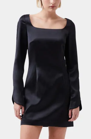 Structured Satin Long Sleeve Scoop Neck Dress