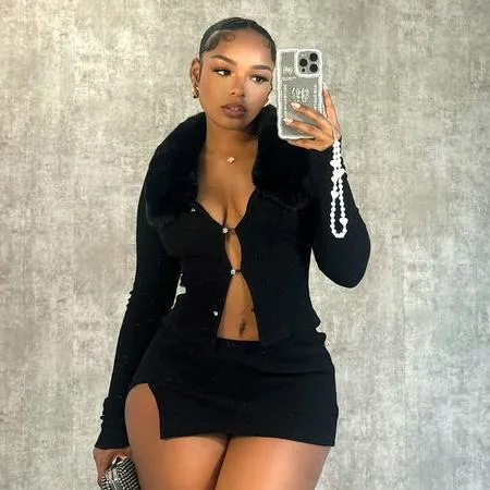 Stylish Furry Collar Long Sleeve Top and Asymmetrical Split Skirt Set