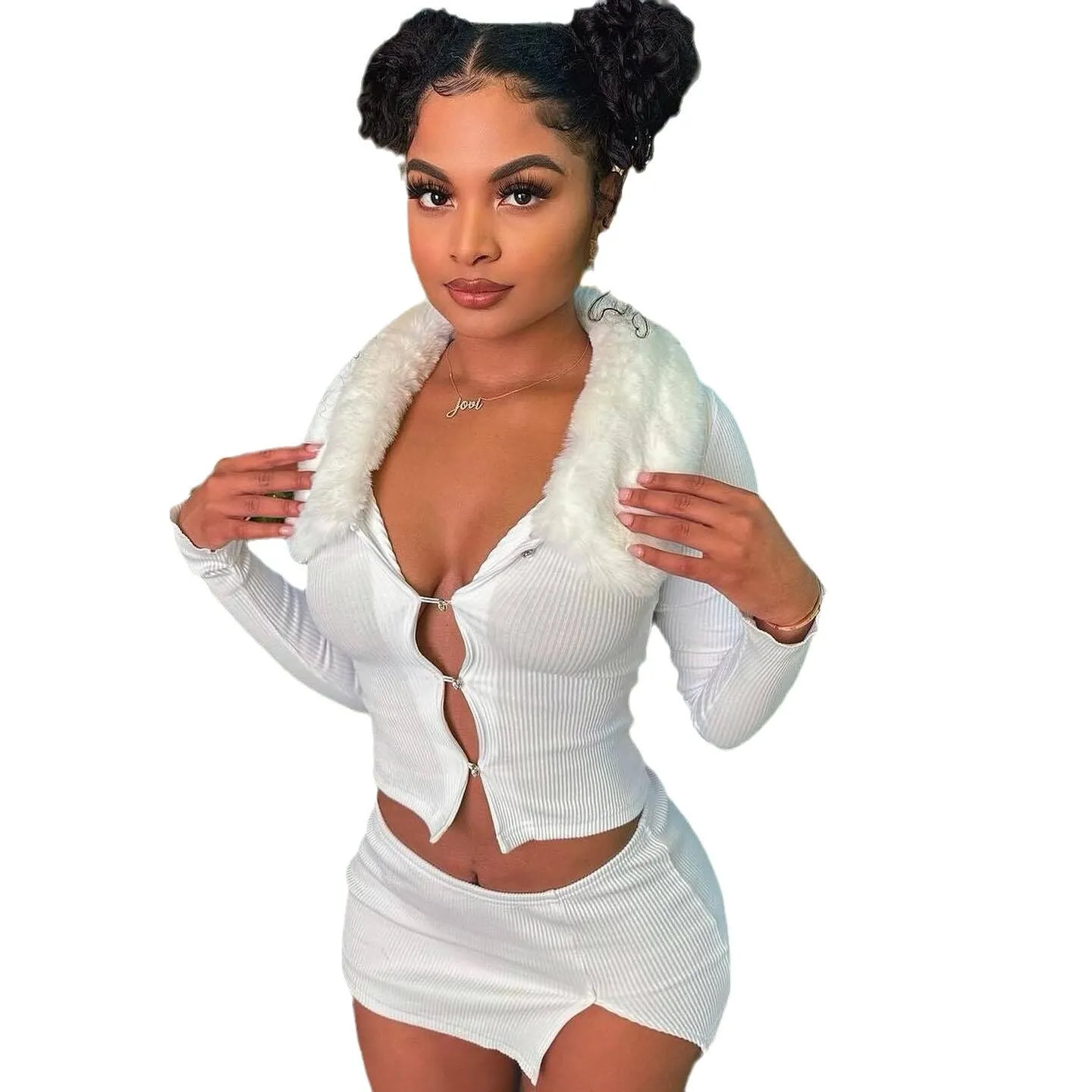 Stylish Furry Collar Long Sleeve Top and Asymmetrical Split Skirt Set