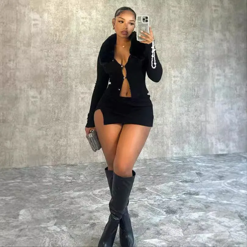 Stylish Furry Collar Long Sleeve Top and Asymmetrical Split Skirt Set
